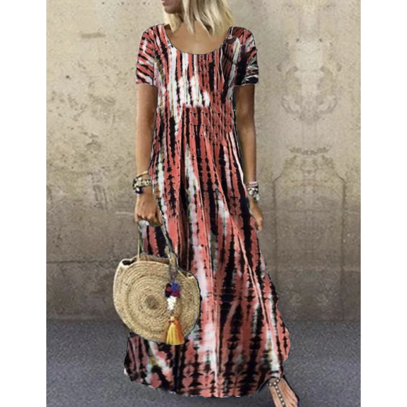 

Women's Summer Tie Dye Print Dress Vintage Elegant Long Ladies Frocks Short Sleeve Boho Beach Vacation Maxi Dresses 2022 Fashion