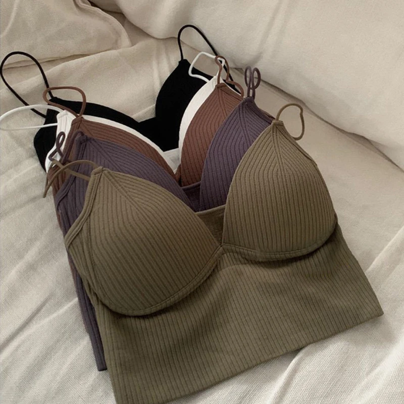 

Women Seamless Crop Top Underwear Wire-Free V-Shaped Camisole Thin Straps Striped Solid Bralette Lingerie One-Piece Tube