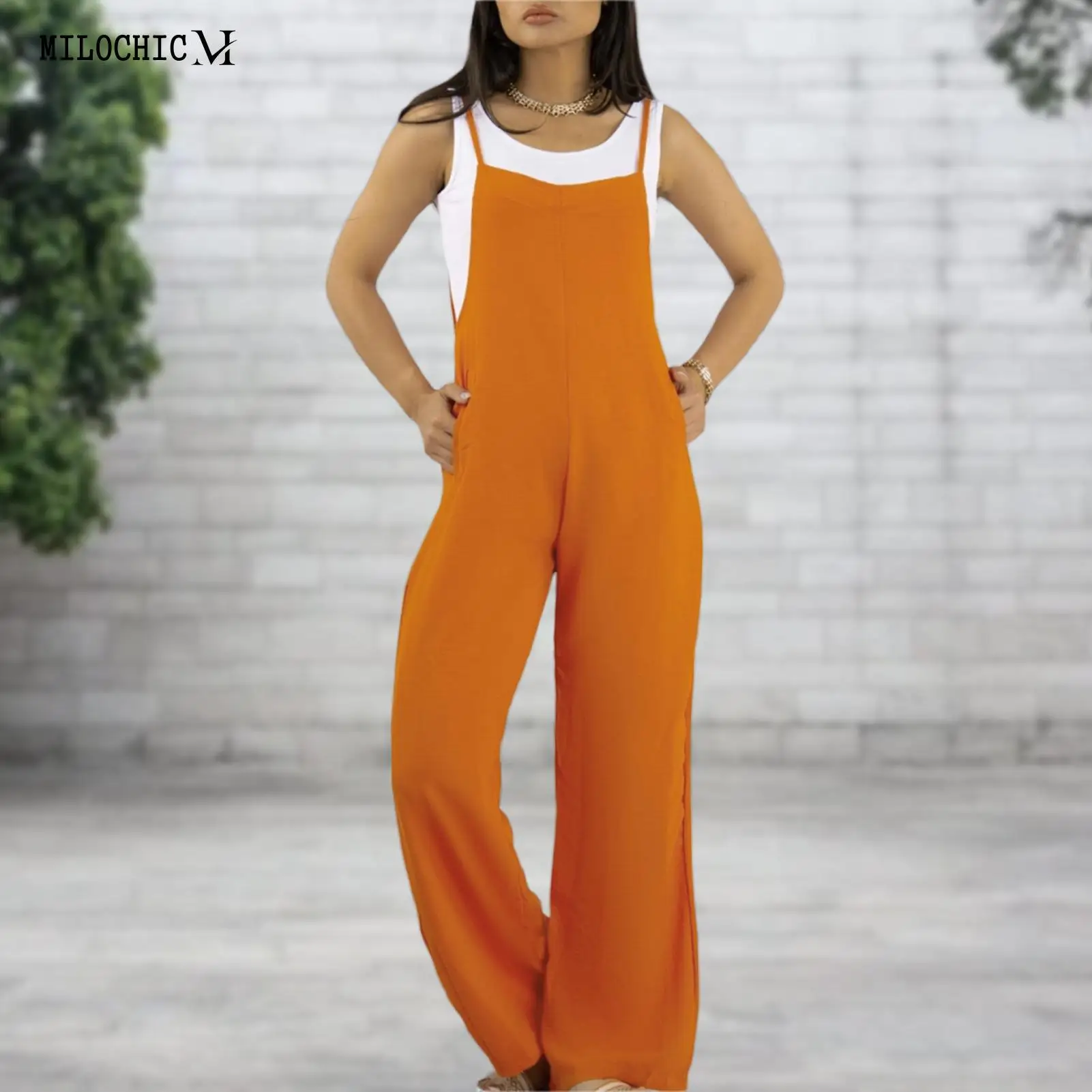 

Loose Fit Women Suspender Pants Sleeveless Ladies Fashion Rompers Overalls with Pockets Solid Color Square Neck Daily Outfit