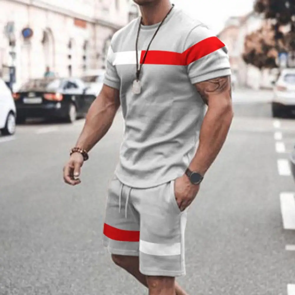 

2 Pcs/Set Fashion Men T-shirt Shorts Set Breathable Stripe Print Summer Tracksuit Sports Garment Summer T-shirt Shorts Set