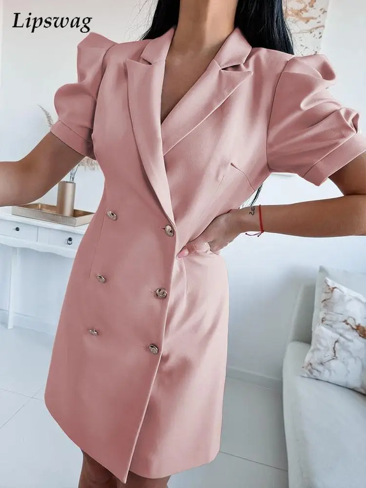 

Office Ladies Elegant Solid Blazers Dress Summer Vintage Double Breasted Lapel Dress Women Short Sleeve Fashion Slim Mini Dress