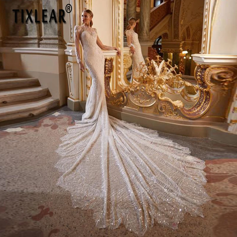 

TIXLEAR Chic Mermaid Wedding Dress Luxurious Sceep Sequins Long Sleeve Applique Bridal Gown Chapel Train Vestidos De Novia 2023