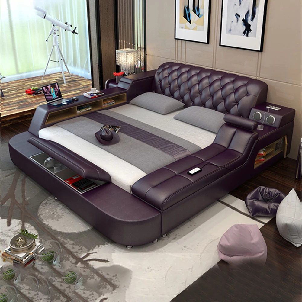 

Linlamlim Ultimate Bed - Tech Smart Bed with Genuine Leather, Multifunctional Bed Frame, Massage, Bluetooth Speaker,USB and Safe