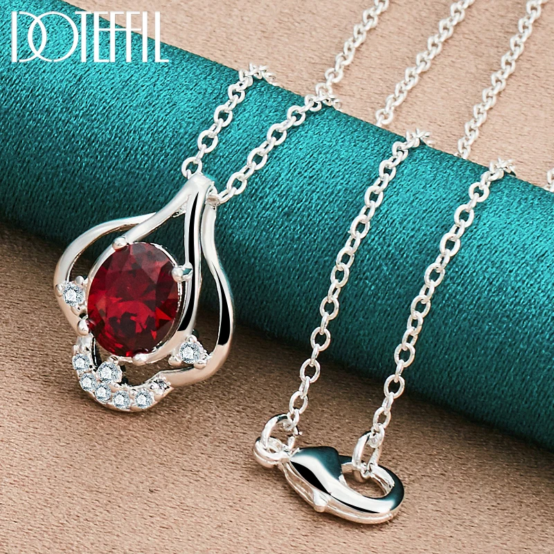 

DOTEFFIL 925 Sterling Silver AAA Red Zircon Pendant Necklace 18-30 Inch Chain For Woman Wedding Engagement Fashion Charm Jewelry