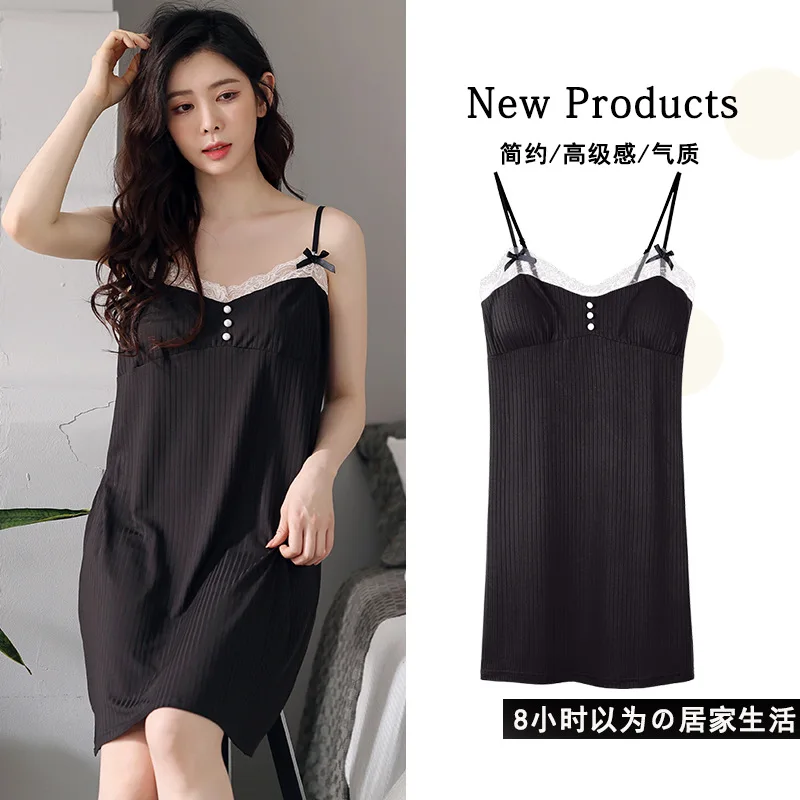 

2023 Summer Nightdress Black Ice Silk Sexy Dress Women Nightgown Lace Thin Sexy Suspender Sleep Dress Big Size Sleepwear Pajamas