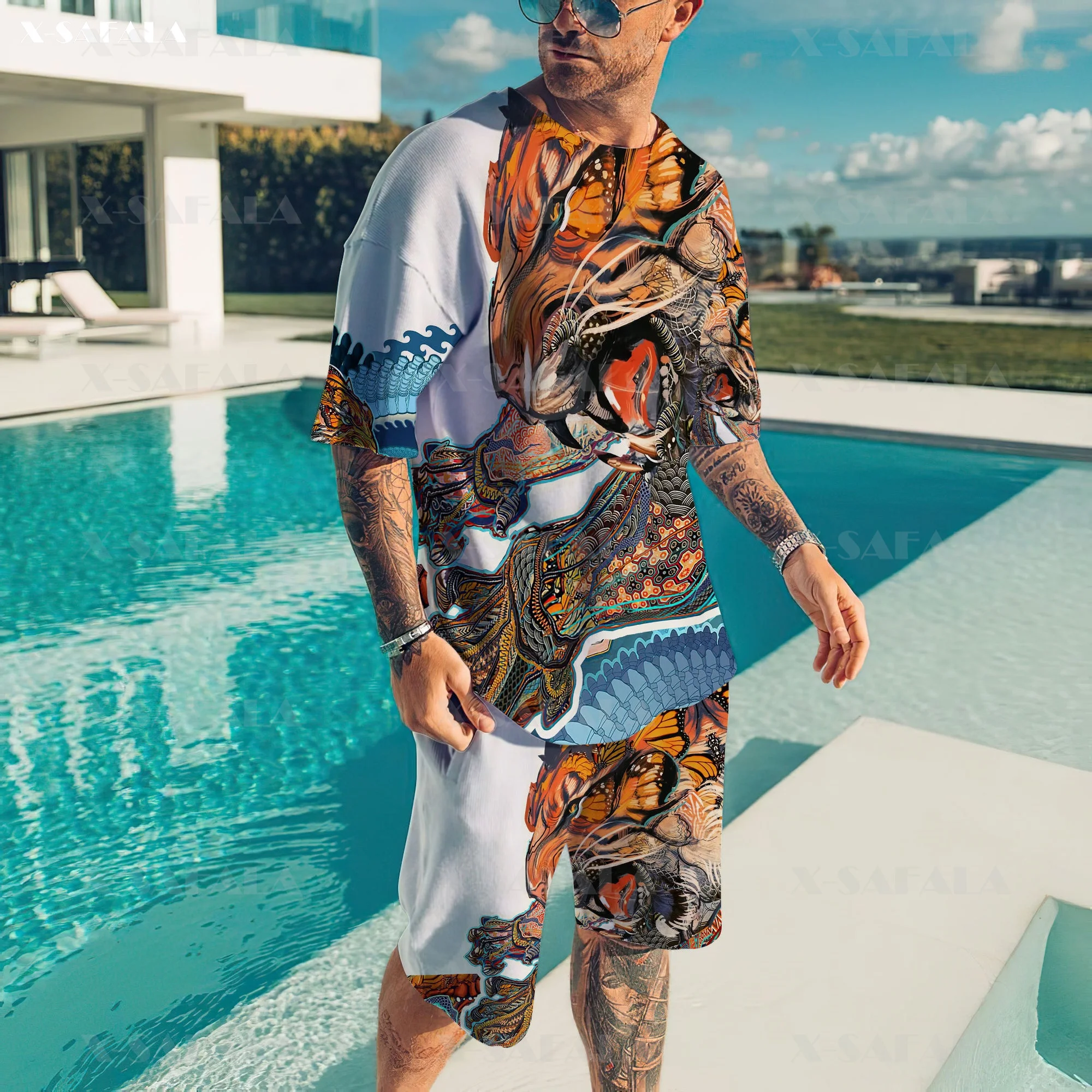 Футболка мужская с принтом самурайская Маска пляжный комплект короткими