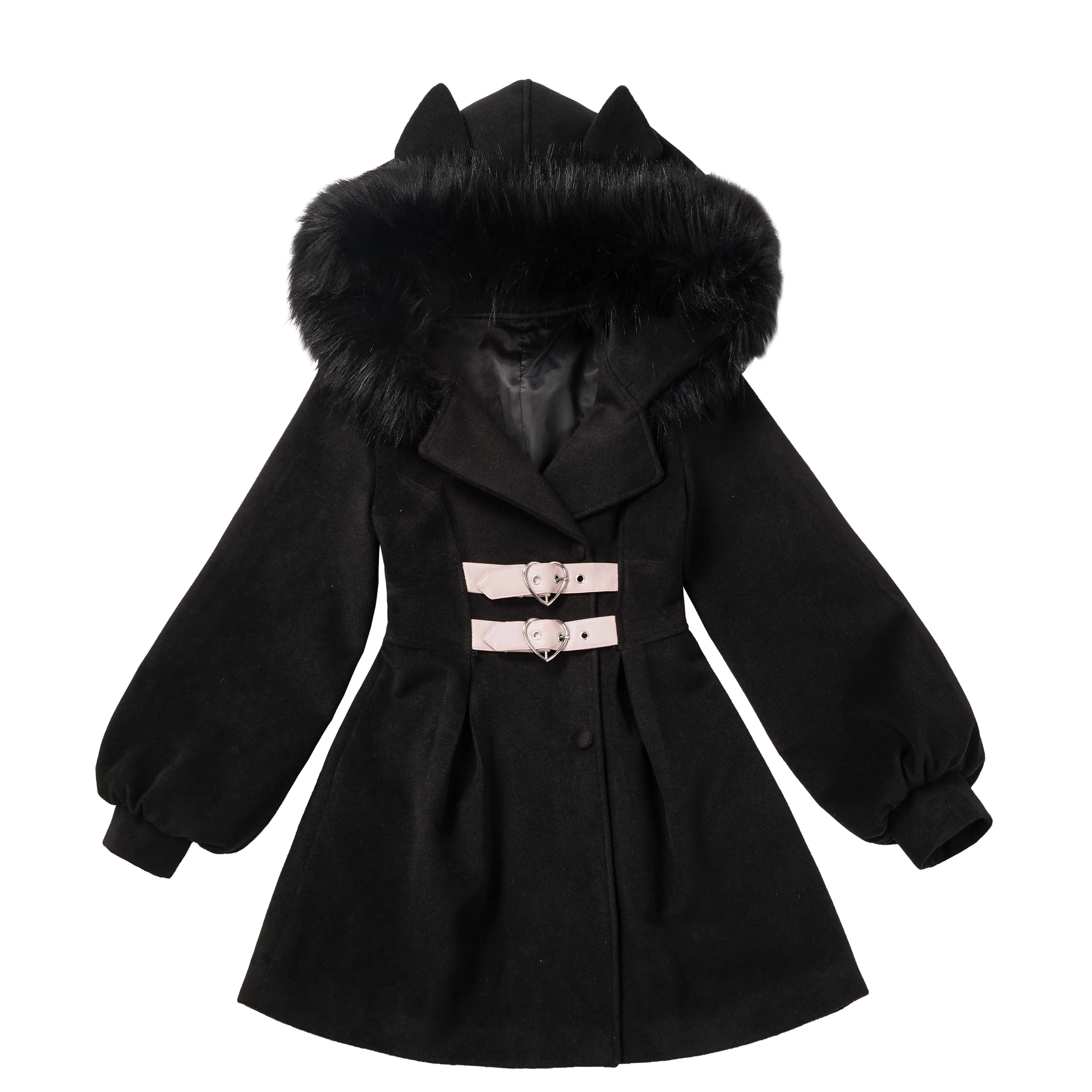 Sweet Ladies Big Fur Collar Slim Waist Warm Mid-length Woolen Coat 2023 New Cute Women Winter Pink Black Slimming Shirt Student