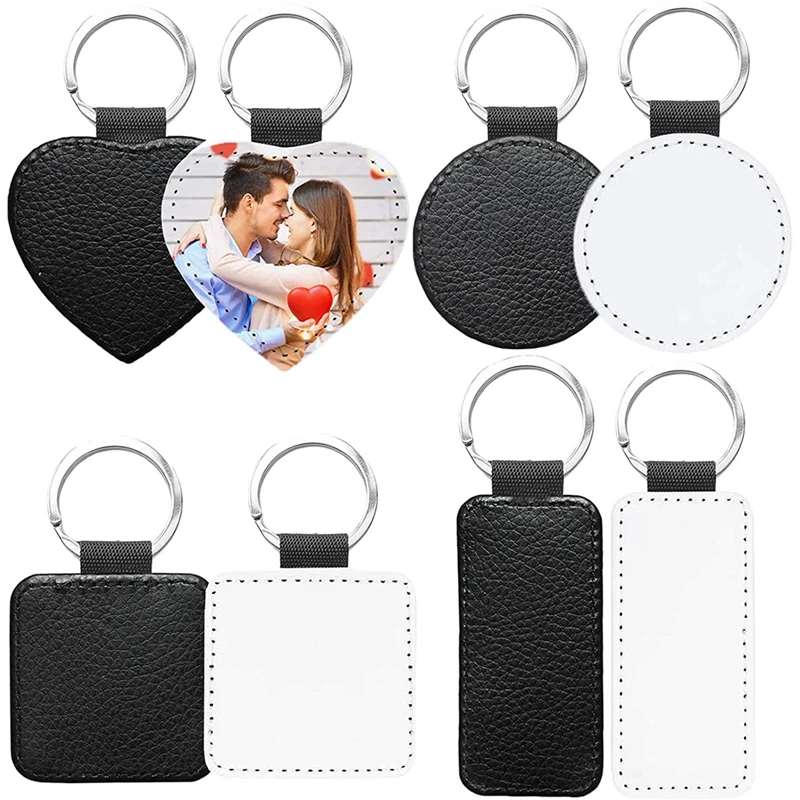 

8Pcs PU Leather Keychains Blank Heart Round Square MDF Keychains Sublimation Heat Transfer Keychains Kit Jewelry Making