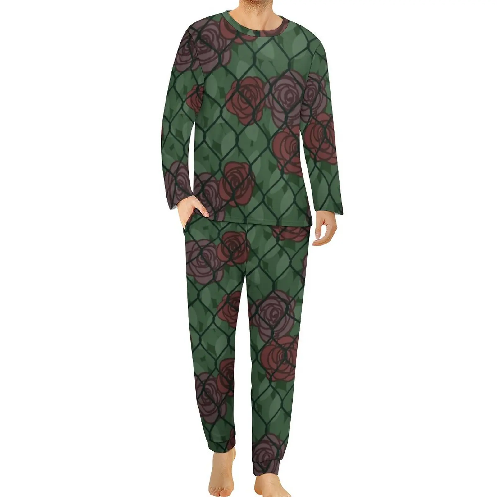 Chain Print Pajamas Rosebush Flower Man Long Sleeves Romantic Pajama Sets 2 Pieces Casual Autumn Graphic Sleepwear Birthday Gift