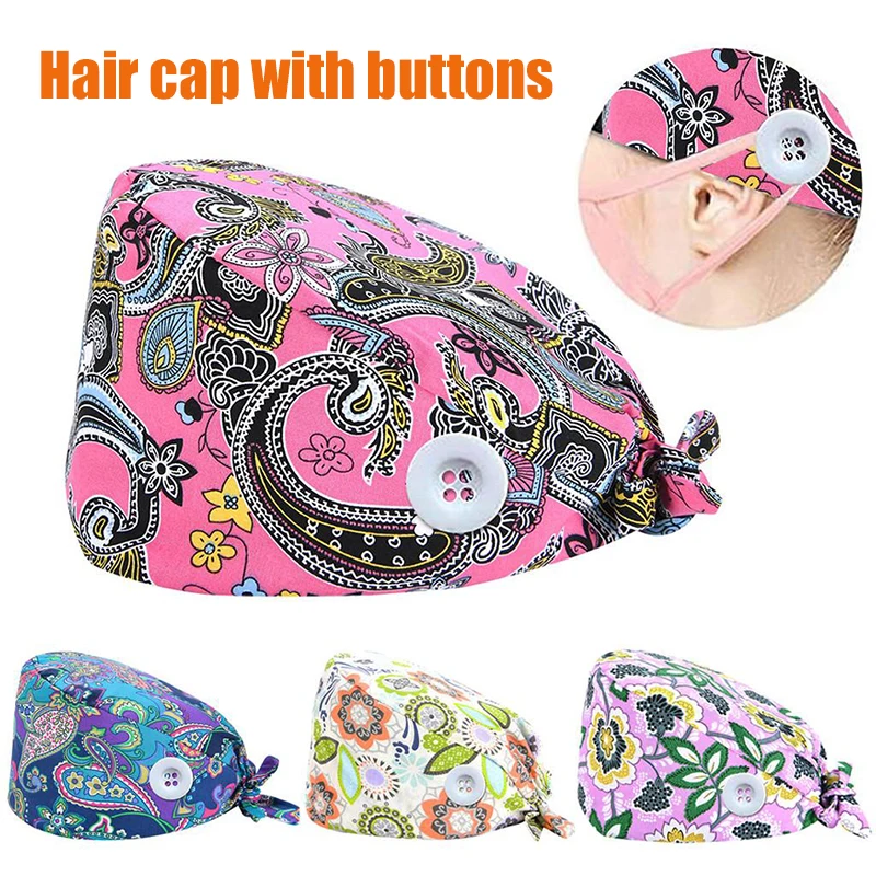 

New Adjustable Surgical Cap Nursing Printed Working Hat With Bottons Weat-Absorbent Unisex Beauty Salon Lab Cap Clinical Hat