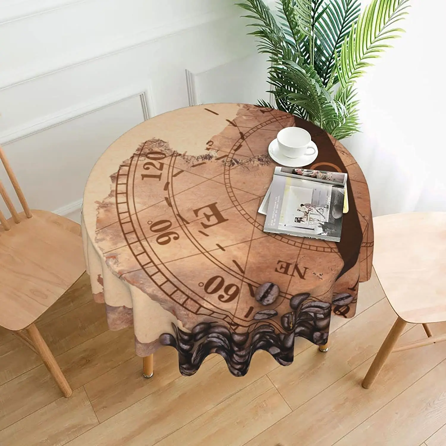 

Vintage Coffee Beans Compass Round Table Cover Polyester Stain and Wrinkle Resistant Table Cloth for Kitchen Dining Coffee Party