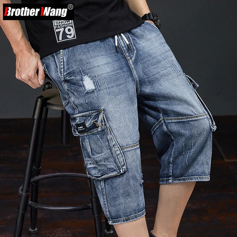 2022 Summer New Men Jeans Cargo Shorts Fashion Casual Elasticated Waist Stretch Big Pocket Cropped Jean Male Brand