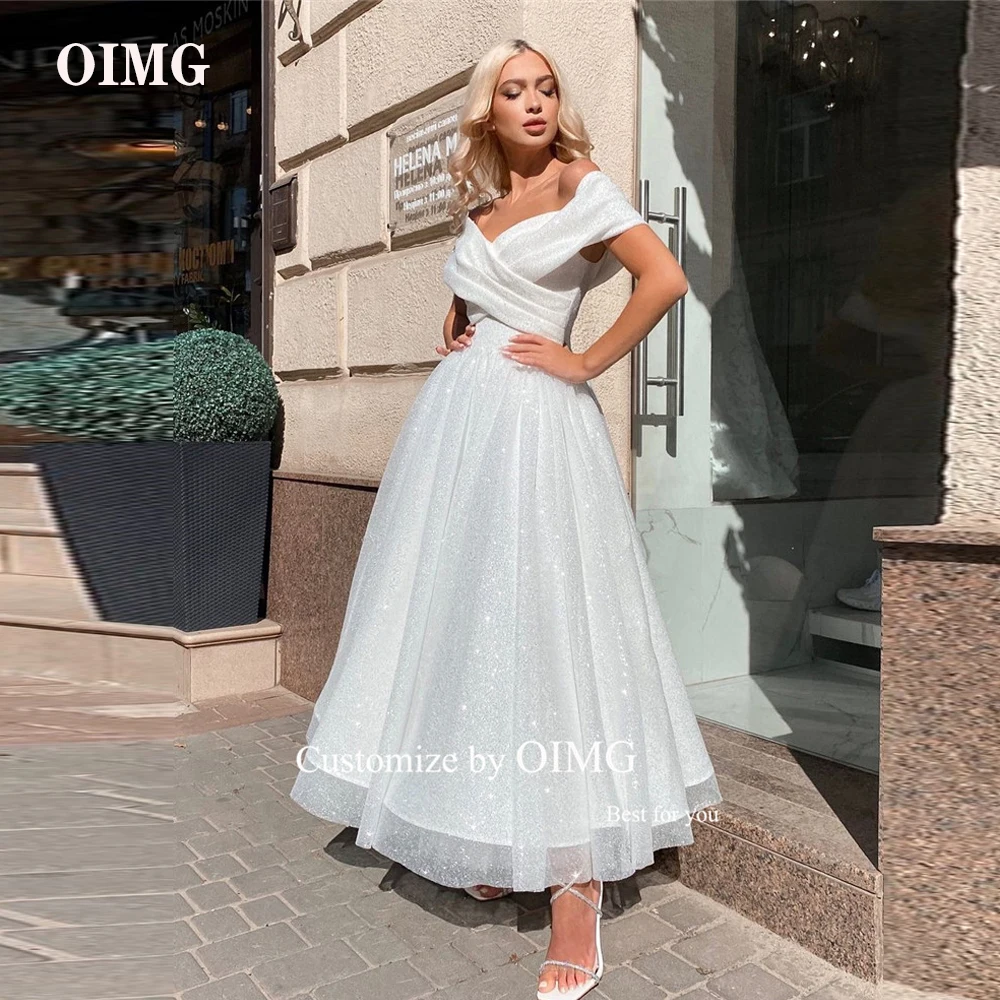 

OIMG Sparkly Tulle A Line Wedding Dresses Off the Shoulder Sleeves Arabic Ankle Length Princess Bridal Gowns Shiny Formal Dress