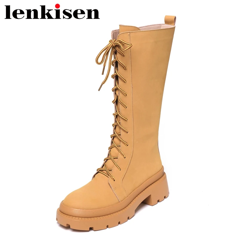 

Высокие сапоги Lenkisen из коровьего спилка с круглым носком на среднем каблуке, сапоги для верховой езды на толстой подошве в стиле сафари, однотонные сапоги до колена на молнии с перекрестной шнуровкой