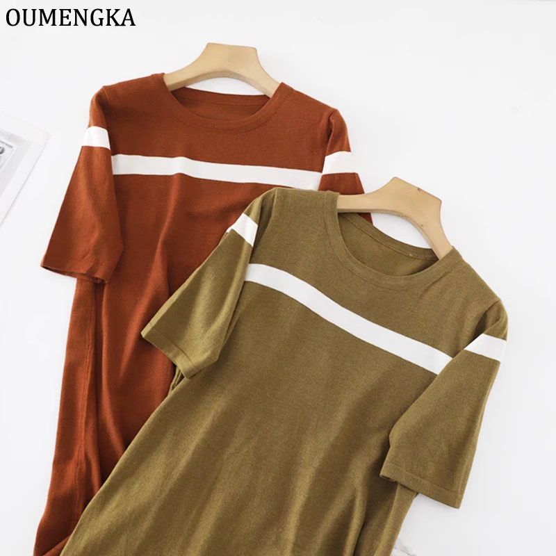 

Women's Striped Knitted Long T-shir with Short Sleeve Vintage Oversized T Shirts Basic Summer Top Black T-shirt for Women 2023