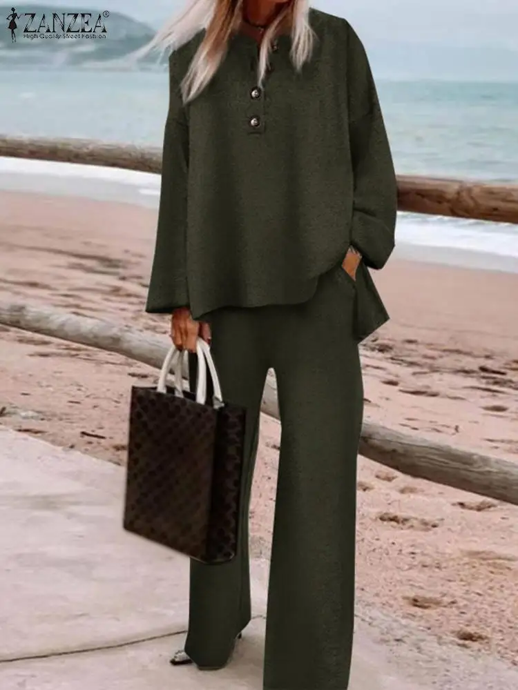 

ZANZEA женский модный городской спортивный костюм с длинным рукавом Однотонная блузка с широкими штанинами осенние подходящие комплекты повседневные Костюмы оверсайз 2023