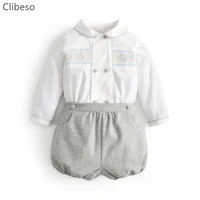 2022 spanish baby boys clothes set children hand made smocked white shirts peter pan collar gray shorts toddler smocking outfits