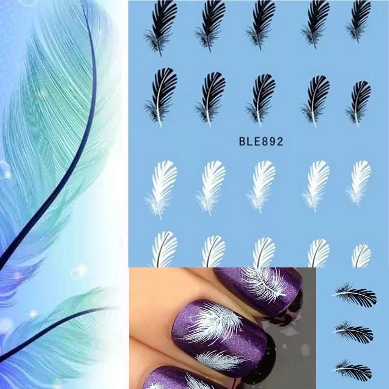 

NEW2023 Black White Feather Nail Art Decals Water Transfer Nail Art Stickers Tips Feather Decals Nail Art Wrap Decoration