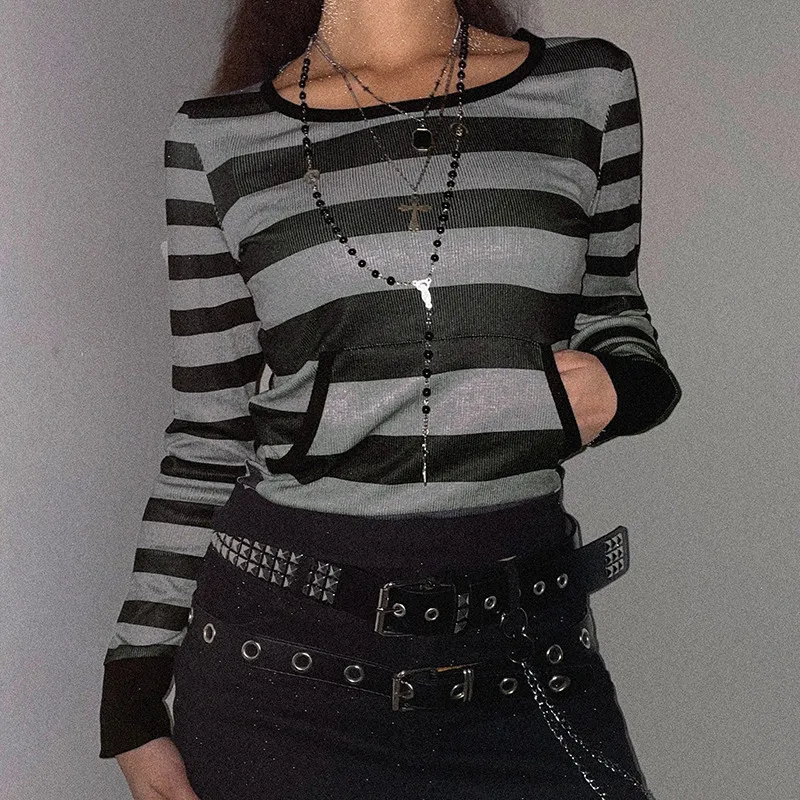

Women Classic Stripes Pattern T-shirts Spring Autumn Long Sleeve Hoodies Sweatshirts Fashion Y2K Pullover Tops with Pockets 2022