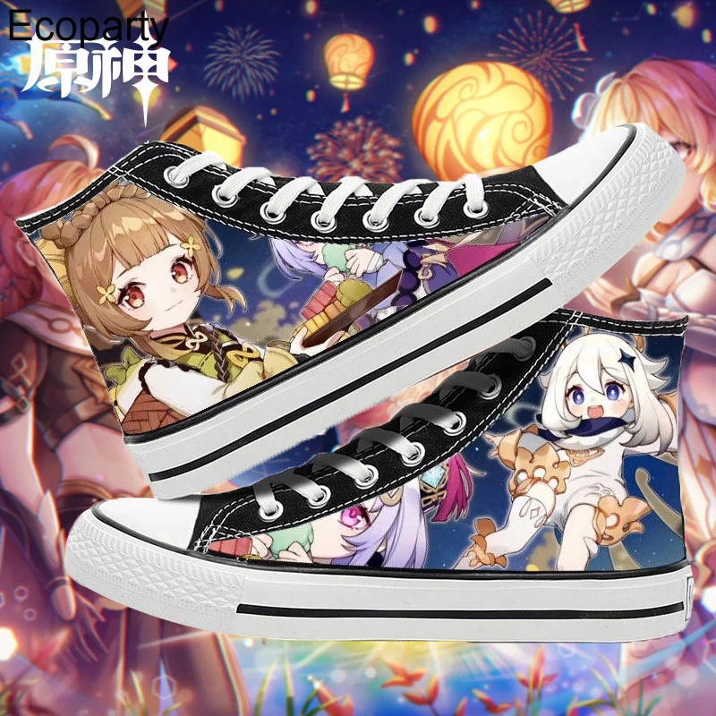 

New Genshin Impact Hutao Klee Cosplay Canvas Shoes Summer Man Women High Top Lace Up Printing Casual Sneakers Anime Shoes