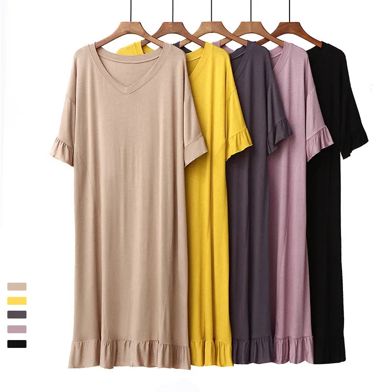 

Women Modal Nightgown Ruffles Short Sleeve Sleepshirt Loose Home Dressing Gown Lady Print Cartoon Sleepwear Soft Loungewear