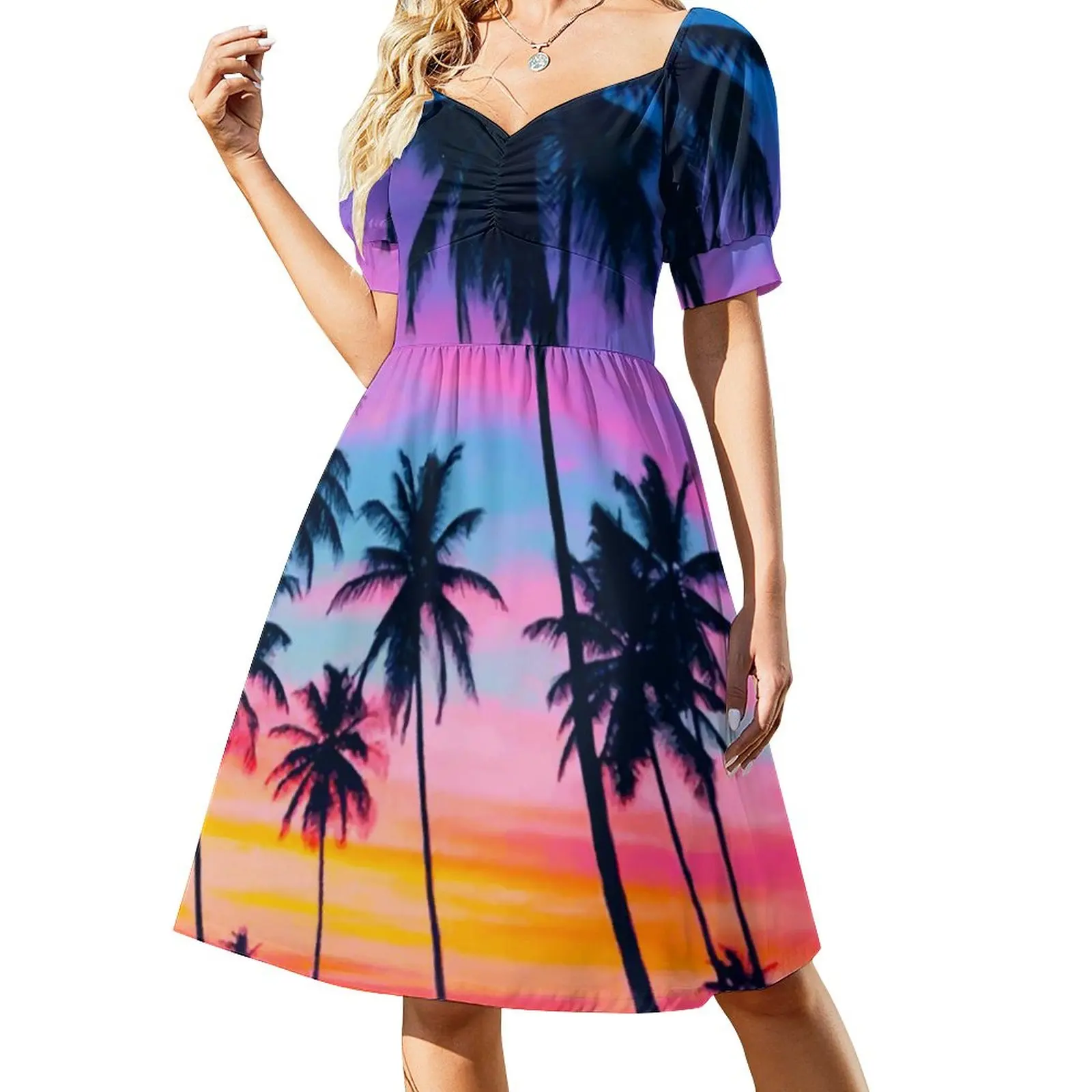 

Miami Sunset Casual Dress Palm Trees Print Street Wear Dresses Sexy V Neck Festival Graphic Dress Big Size 4XL 5XL