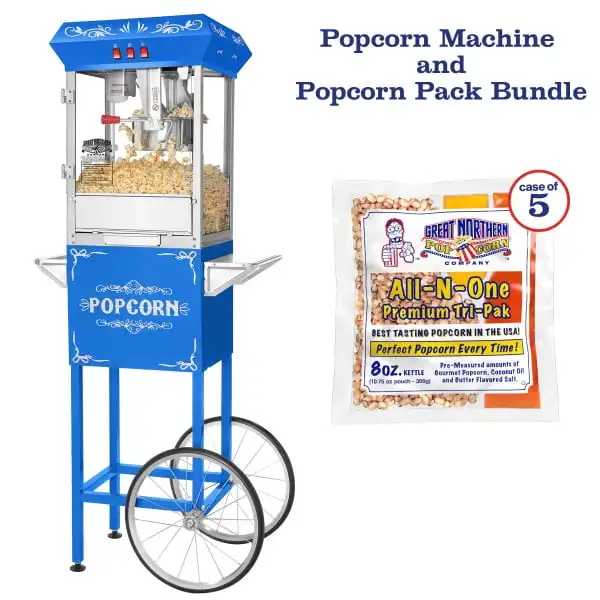 

Машина для приготовления попкорна-попкорна объемом 3 галлона, чайник объемом 8 унций, греющий поднос и 5 упаковок для попкорна (синий)