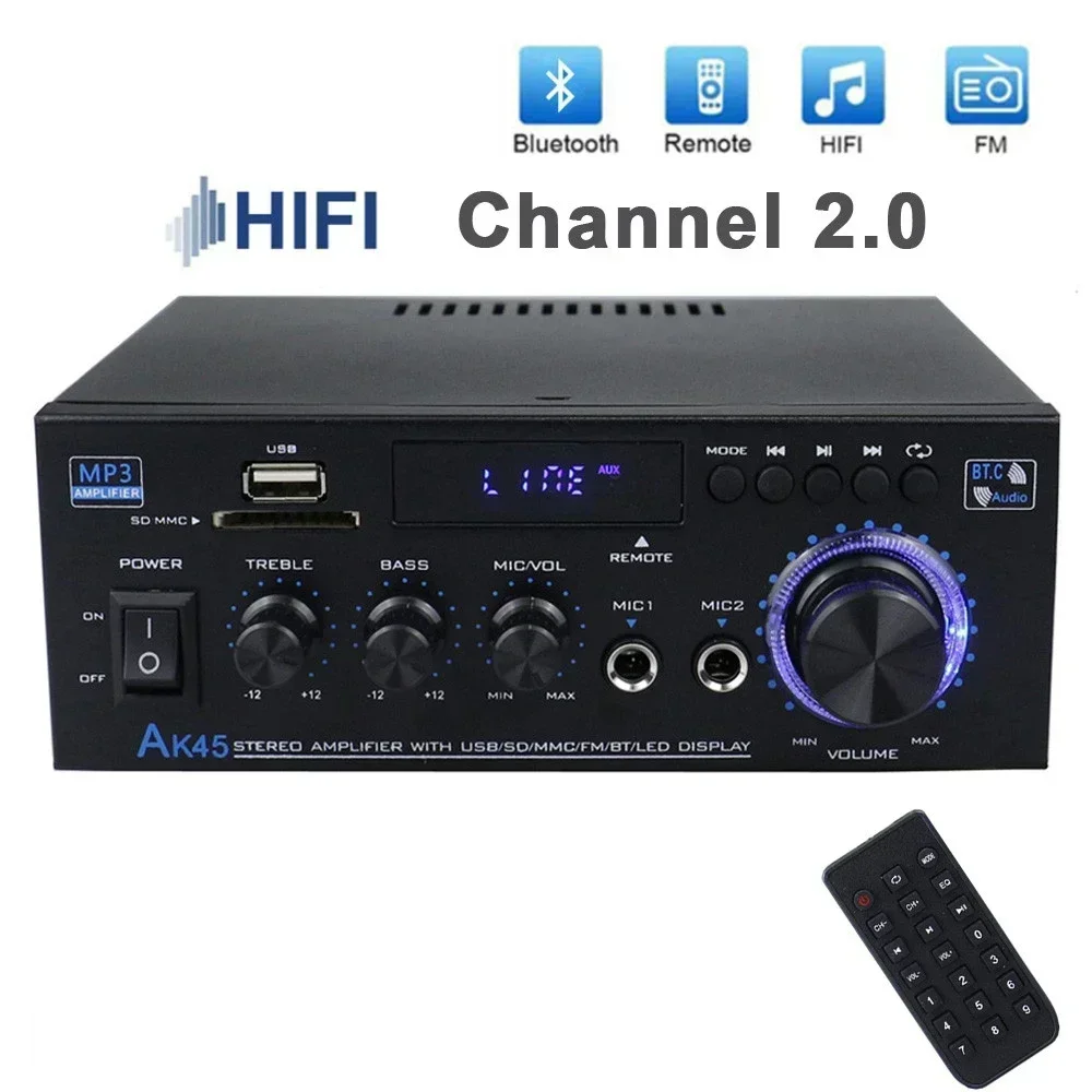 2.0 Channel AK45 HiFi Digital Amplifier 400Wx2 Stereo Receiver AC 90V-240V Bluetooth-compatible 5.0 for Home Car