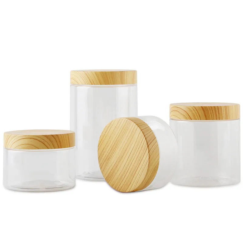 

24pcs 100ml 200ml 300ml 500ml Empty Clear PET Jars Containers With Imitation Wood Texture Lids Jar Home Plastic Seasoning Bottle