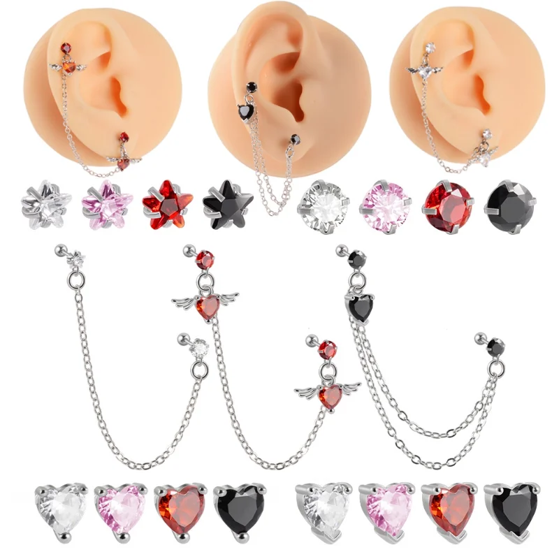

Angel Wing Heart Stud Chain Zirconia Dangle Earrings Sparkling Rhinestone Chain Women's Cartilage Pierced Jewelry Gifts