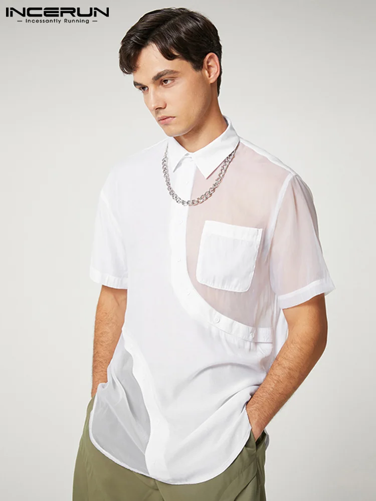 INCERUN Tops 2022 Casual Well Fitting Men's Lapel Pocket Blouse Stylish Male Hot Sale Stitching Mesh Short-sleeved Shirts S-5XL