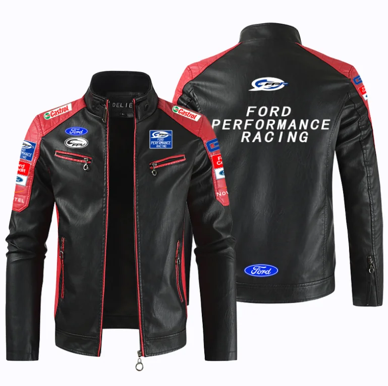 

FORD Car Logo motorcycle PU Leather Jacket Patchwork Biker Jackets Casual Zipper Coat Male Motorcycle Jacket Outwear Coat