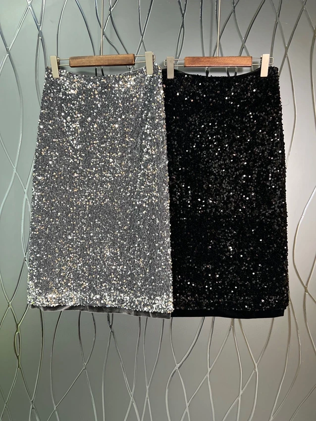 

2022 new women fashion sexy solid color full body sequins slim bag long dress high-end versatile skirt 1209