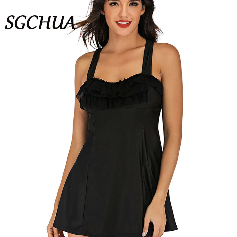 

Solid Black Lace Tankini Set Backless Bandage Shoulder Women's Tracksuit Skirt Suit Vintage Plus Size Swimsuit Women Push Up
