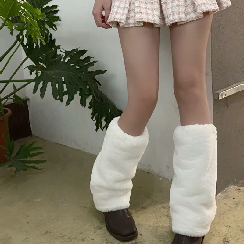Furry Leg Warmers Y2K Goth White Faux Fur Leg Warmers Boot Covers Lady Cute Jk Knee-length Hipster Warm Sock Fashion Socks