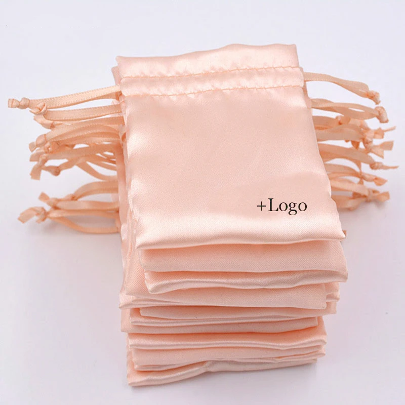 20PCS Luxury Satin Jewelry Pouch Packaging Hair Cosmetic Silk Drawstring Bag Party Wedding Gift Makeup Storage Sachet Print Logo