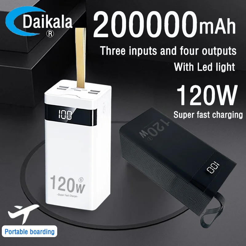 

200000mAh large capacity 120W ultra fast charging intelligent digital display screen with LED outdoor mobile power supply