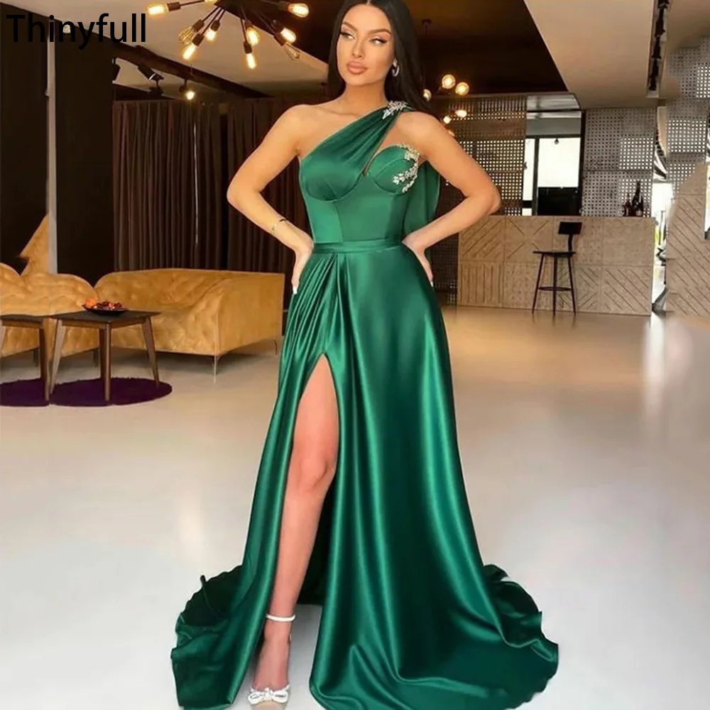 

Thinyfull Dark Green Stain A Line Saudi Arabia Evening Dresses Cold Shoulder Side Silt Beading Evening Party Gown Formal Dresses