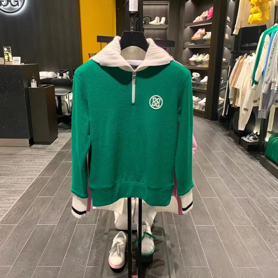 

New Golf Apparel Women's Long-sleeved Top Thick Sweater Color-block Sports Coat Ladies Golf Shirt with Navy Collar