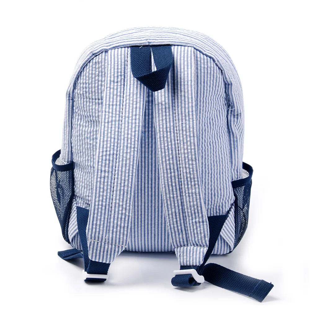 1Pc Toddler Preschool Bag Seersucker Backpacks，Navy Stripe Kids Light Weight Schoolbag Functional Children Shoulder Bag DOM187