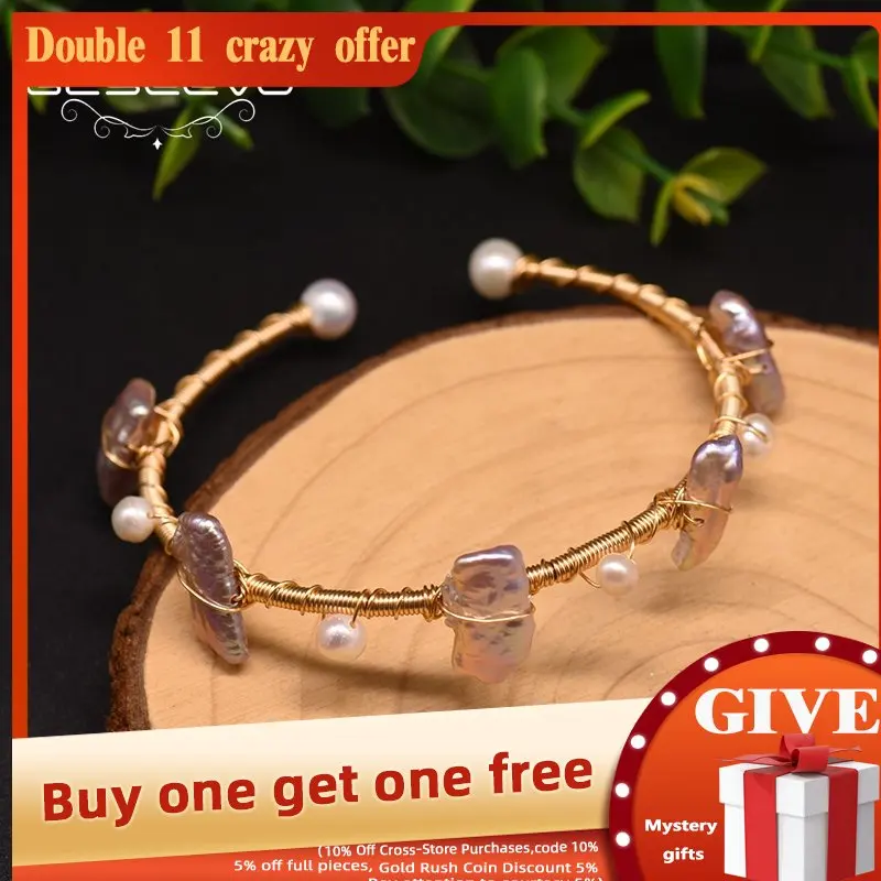 

GLSEEVO Handmade Natural Fresh Water Purple Pearl Bangles For Women Wedding Bracelet Fine Jewelry brazalete mujer GB0915