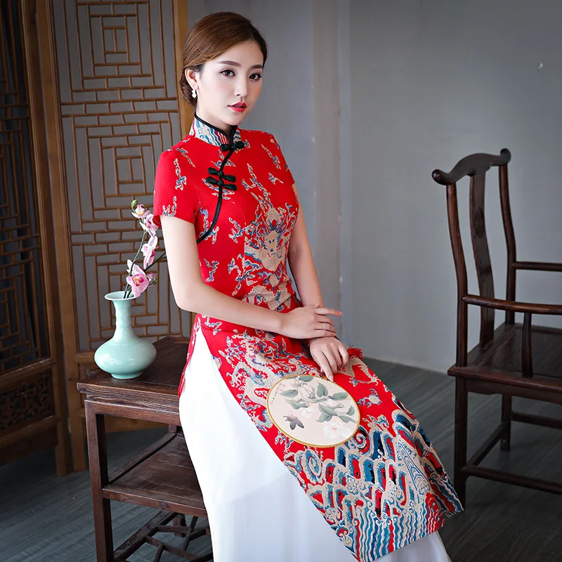 Улучшенные Aodai Qipao женские красные элегантные платья в китайском стиле с принтом