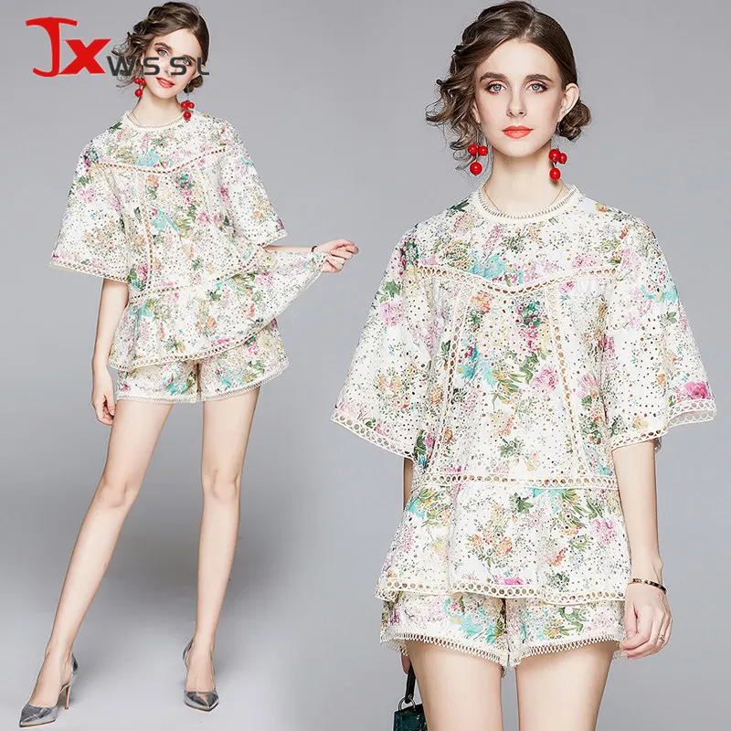 

Summer Two-piece Suit Women's New Openwork Embroidered Printed Loose Short Sleeve T-shirt And Shorts Floral 2 piece set