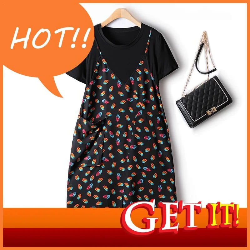 

Dress Women 2023 Retro Summer Fake Two-piece Stitching Feather Figure Thin Chiffon Mid-length Short-sleeved Elegant Dresses 4XL