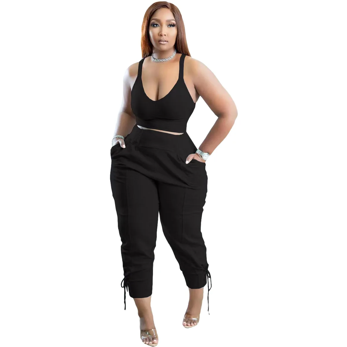 Plus Size 2 Piece Set Women Women's Clothing Set 2 Pieces Solid Elastic Waist Square Collar Set of Two Fashion Pieces for Women
