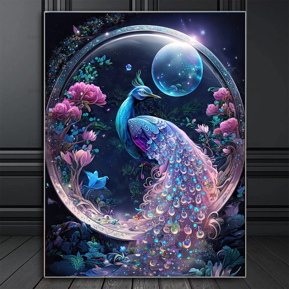 

Алмазная 5D картина «сделай сам», голубой павлин, луна, пейзаж, домашний декор, полная квадратная Бриллиантовая мозаика, Новинка