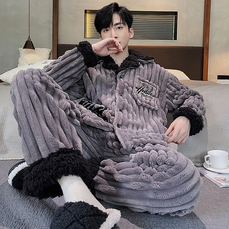 QUHENG Autumn Men's Pajamas Winter Flannel Sleepwear Pajama Sets Long Sleeve Home Wear  Sleepwear Clothes Lovers Pyjamas Suit