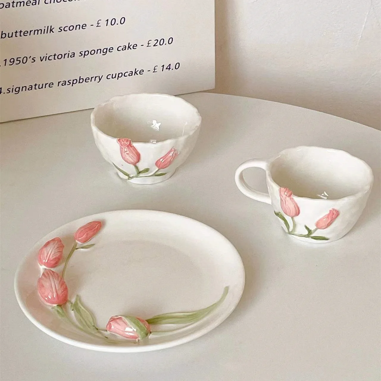 

Korean Style Girl Heart Three-dimensional Relief Tulip Plate Water Cup Bowl Hand-painted Creative Flower Tableware