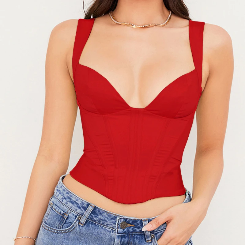 

Sexy Satin Corset Tops Women Clothing 2021 Summer Goth V Neck Short Top Backless Casual Sleeveless Club Party Camisole Blusas