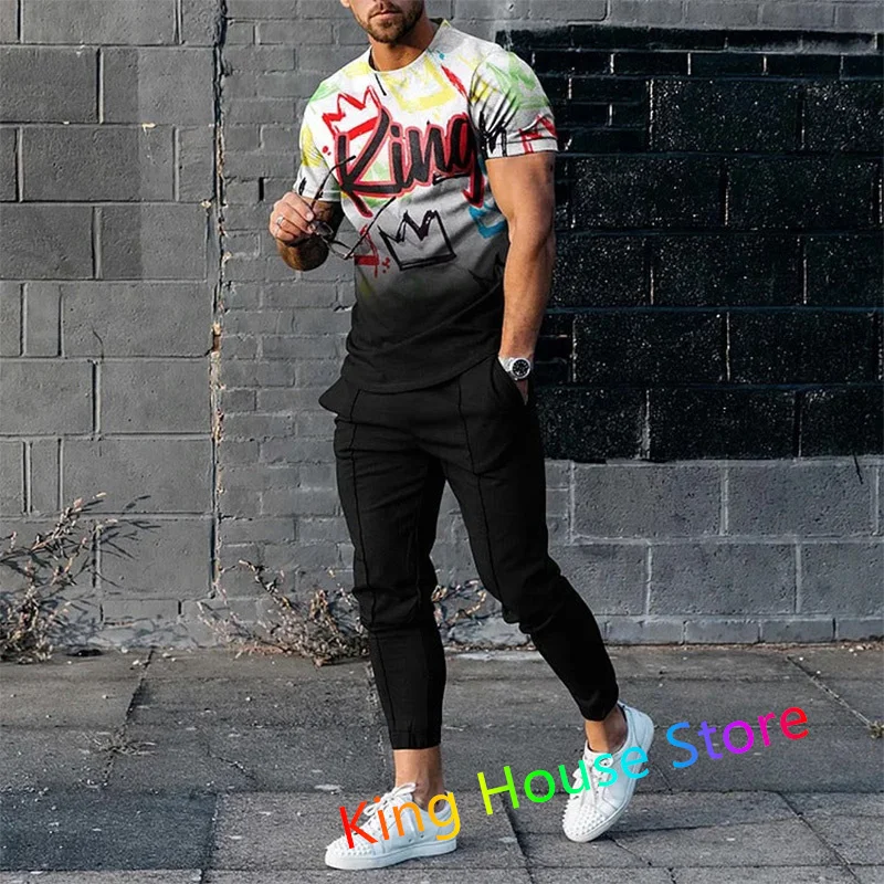 Men's Oversized Tracksuit 2 Pieces Sets Fashion Casual Fitness Sport Suit Short Sleeve T Shirt+Trousers Male Sportswear Suits